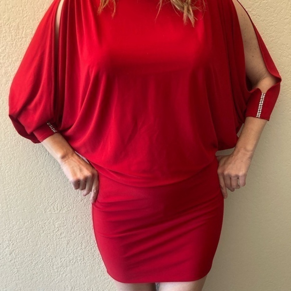 Cache sexy vintage 1980's red open sleeve rhinestone mini dress size small